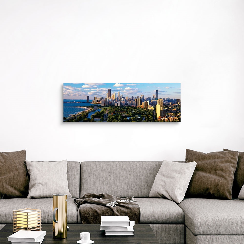 A traditional room featuring Panoramic photograph taken of the busy skyline of Chicago, Illinois on a sunny day.  The skyscrap...