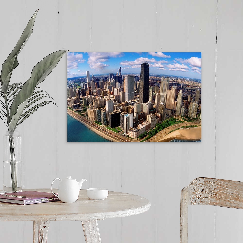 A farmhouse room featuring A high angle landscape photograph viewing downtown Chicago taken from over Lake Michigan.