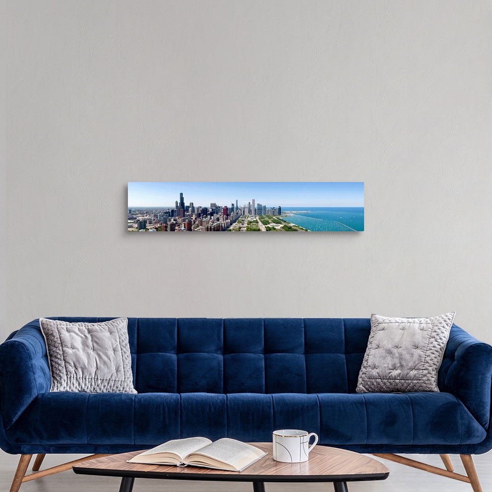 A modern room featuring Chicago skyline from south end of Grant Park, Lake Michigan, Cook County, Illinois
