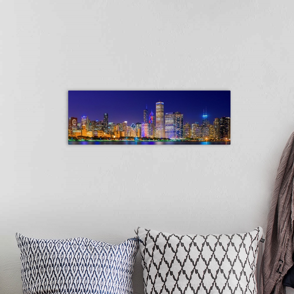 A bohemian room featuring Chicago skyline with Cubs World Series lights night, Lake Michigan, Chicago, Cook County, Illinoi...