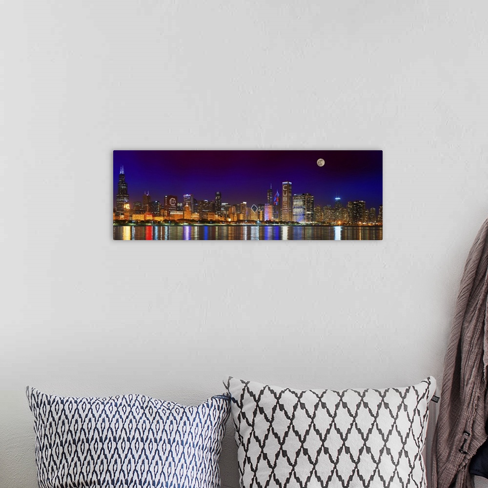 A bohemian room featuring Chicago skyline with Cubs World Series lights night, Moonrise, Lake Michigan, Chicago, Cook Count...