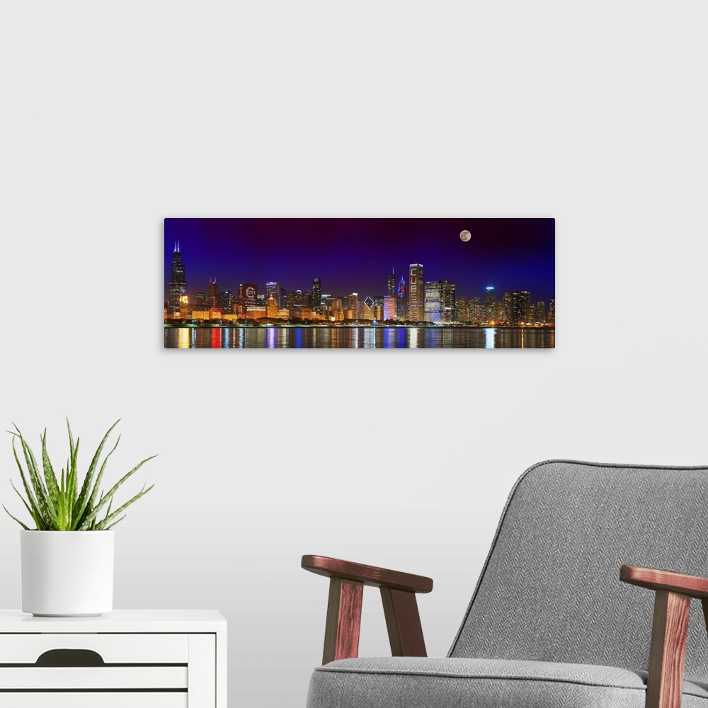 A modern room featuring Chicago skyline with Cubs World Series lights night, Moonrise, Lake Michigan, Chicago, Cook Count...