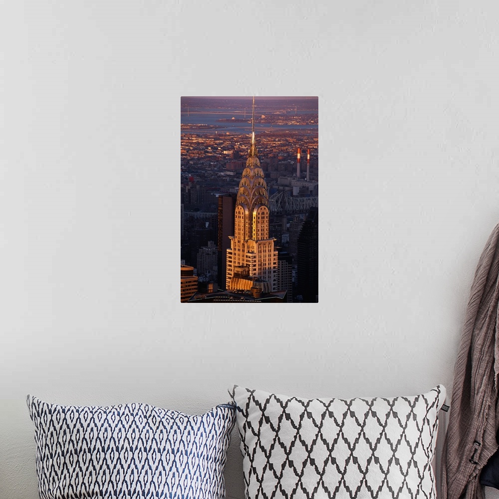 A bohemian room featuring Vertical, large aerial photograph of the Chrysler Building in the sunlight, in New York City.