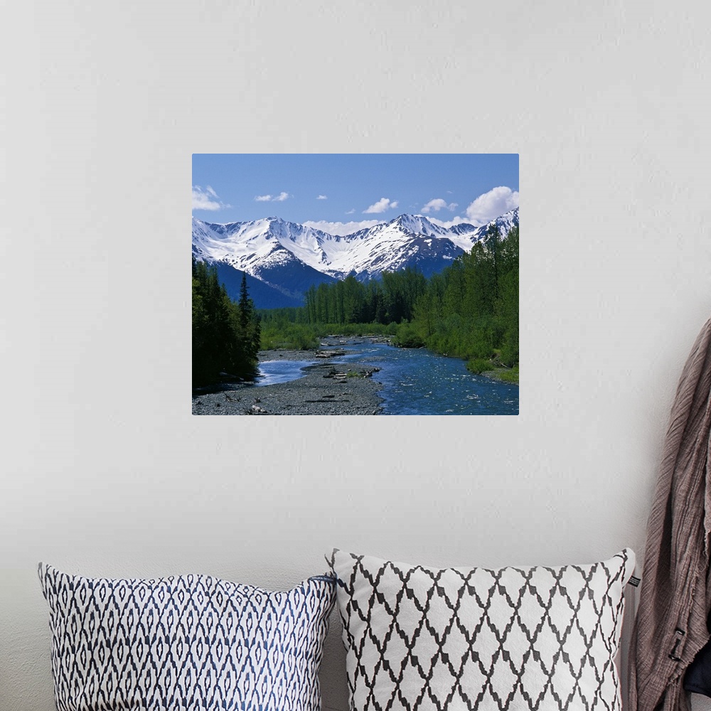 A bohemian room featuring Large photograph of a stream running through a forest with the snowy Chugach Mountains in Alaska ...