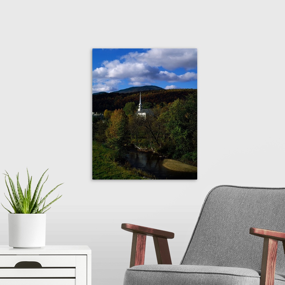 A modern room featuring Church near a stream, Stowe, Lamoille County, Vermont,