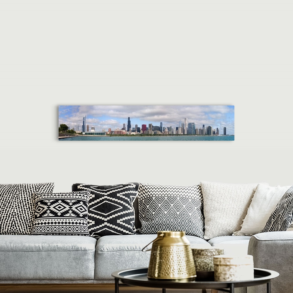 A bohemian room featuring Panoramic photograph on a giant wall hanging of the Chicago skyline along the waterfront of Lake ...