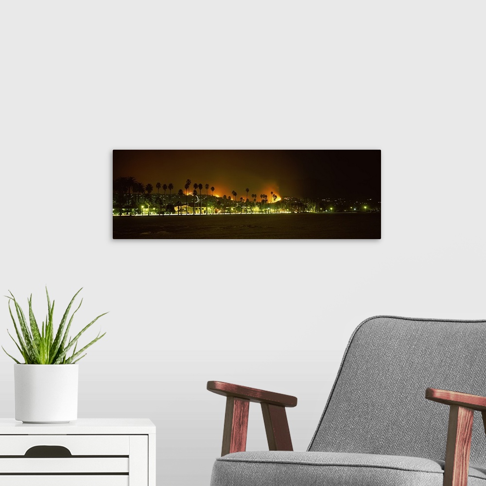 A modern room featuring City burning at night, Montecito, Santa Barbara, Santa Barbara County, California,