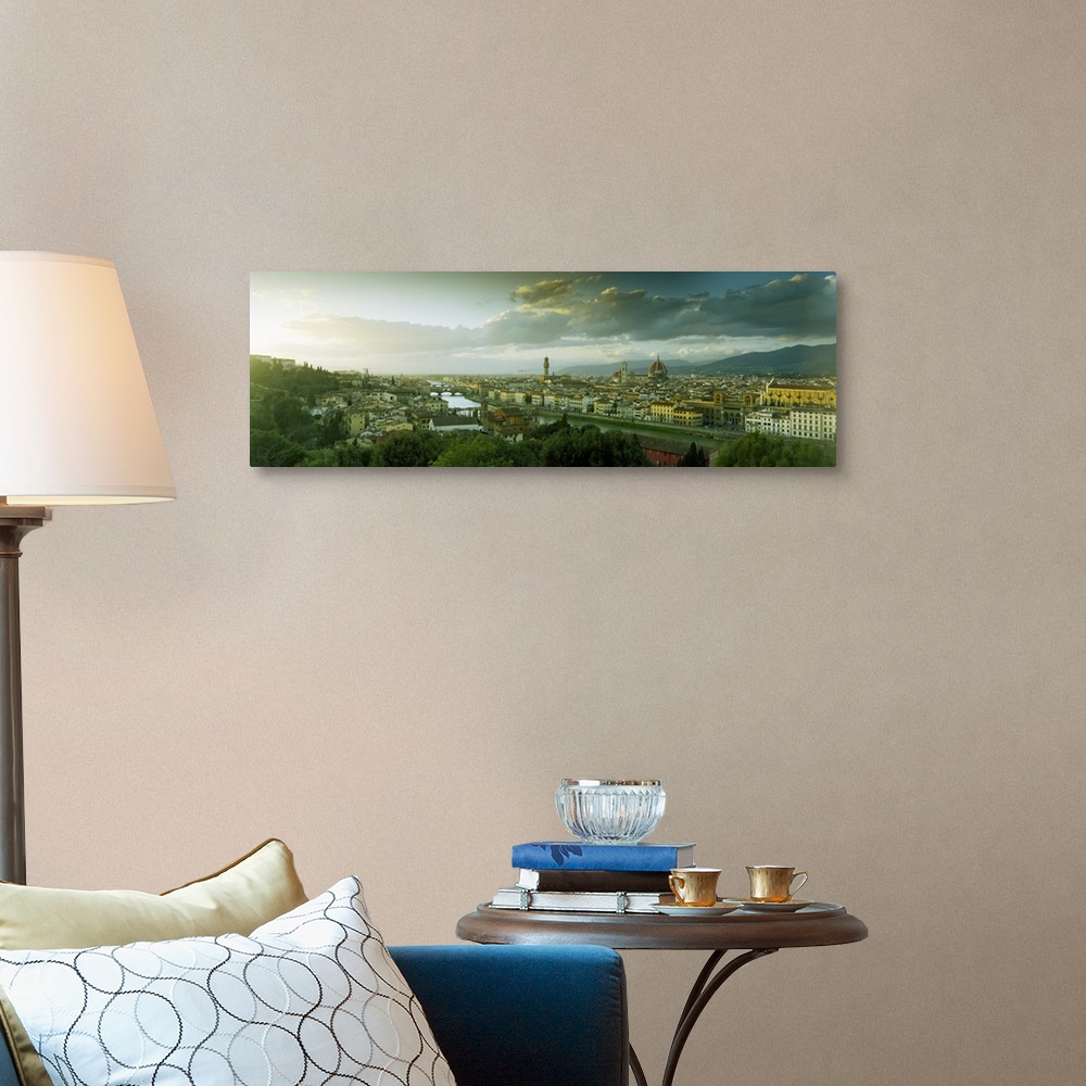 A traditional room featuring Panoramic photograph taken from an aerial view overlooking a busy city within Europe.  In the dis...