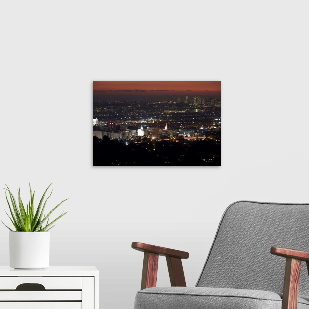A modern room featuring City lit up at dusk, Hollywood, Los Angeles, California, USA