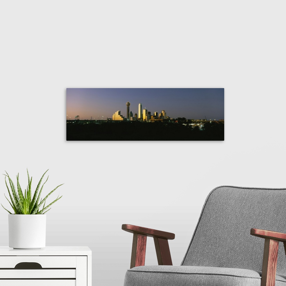 A modern room featuring City skyline at dusk, Dallas, Texas
