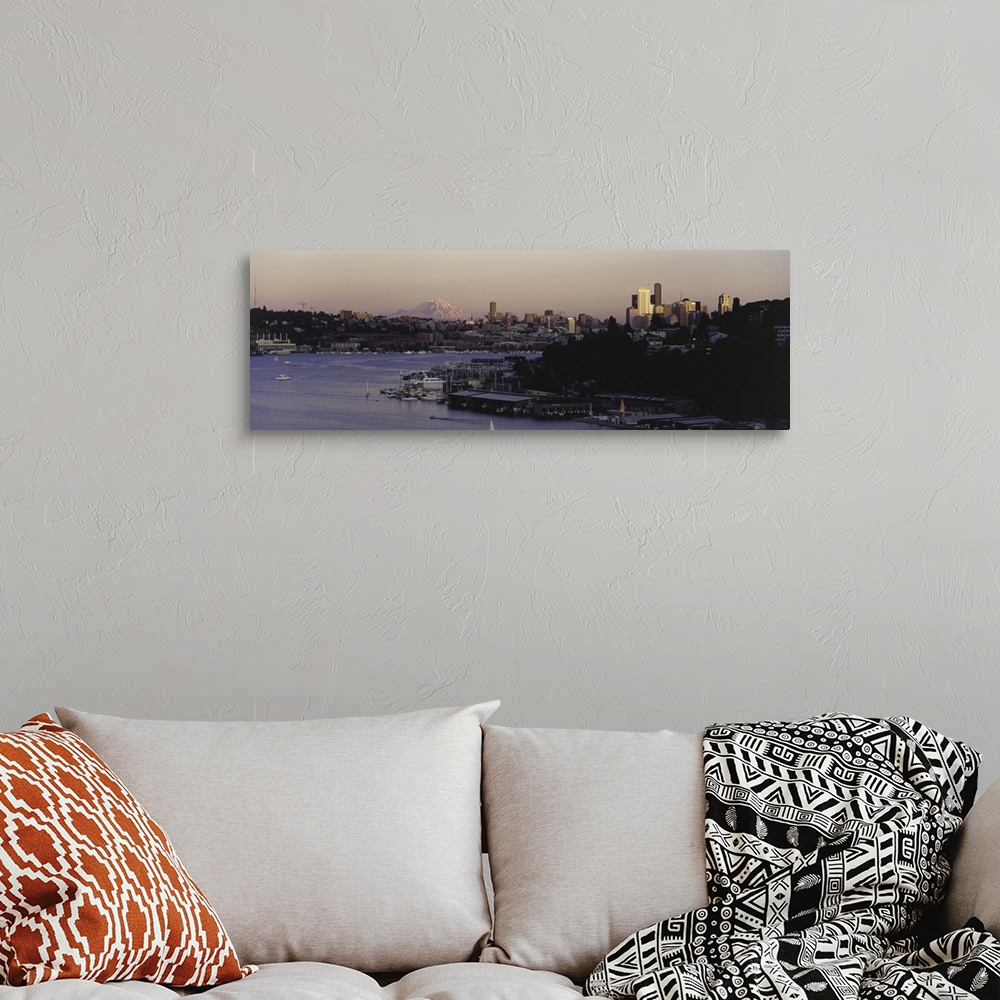 A bohemian room featuring City skyline at the lakeside with Mt Rainier in the background Lake Union Seattle King County Was...