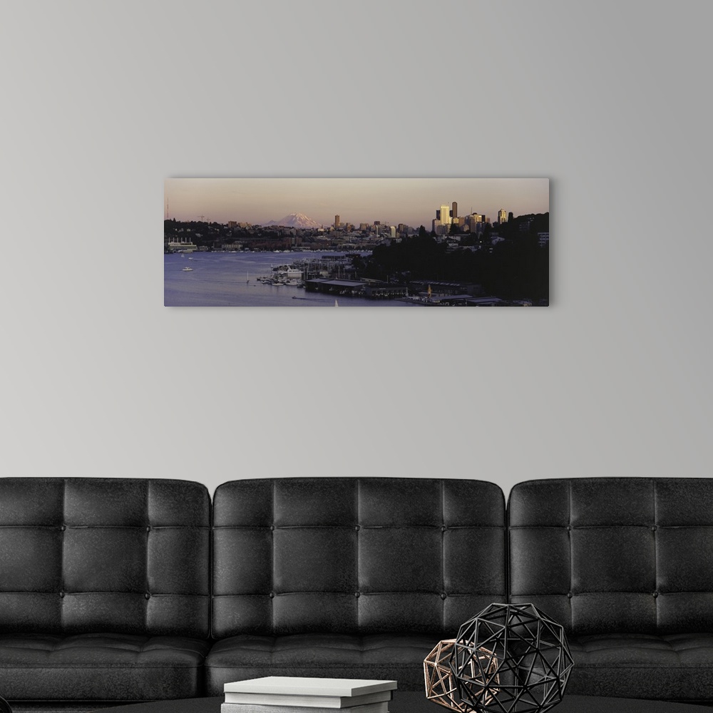 A modern room featuring City skyline at the lakeside with Mt Rainier in the background Lake Union Seattle King County Was...