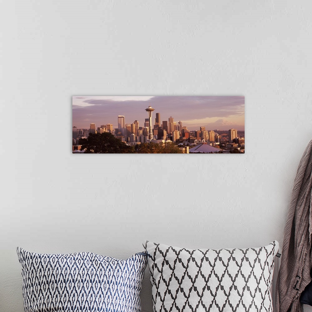 A bohemian room featuring Big horizontal photograph the Seattle skyline, including the Space Needle, taken from Queen Anne ...