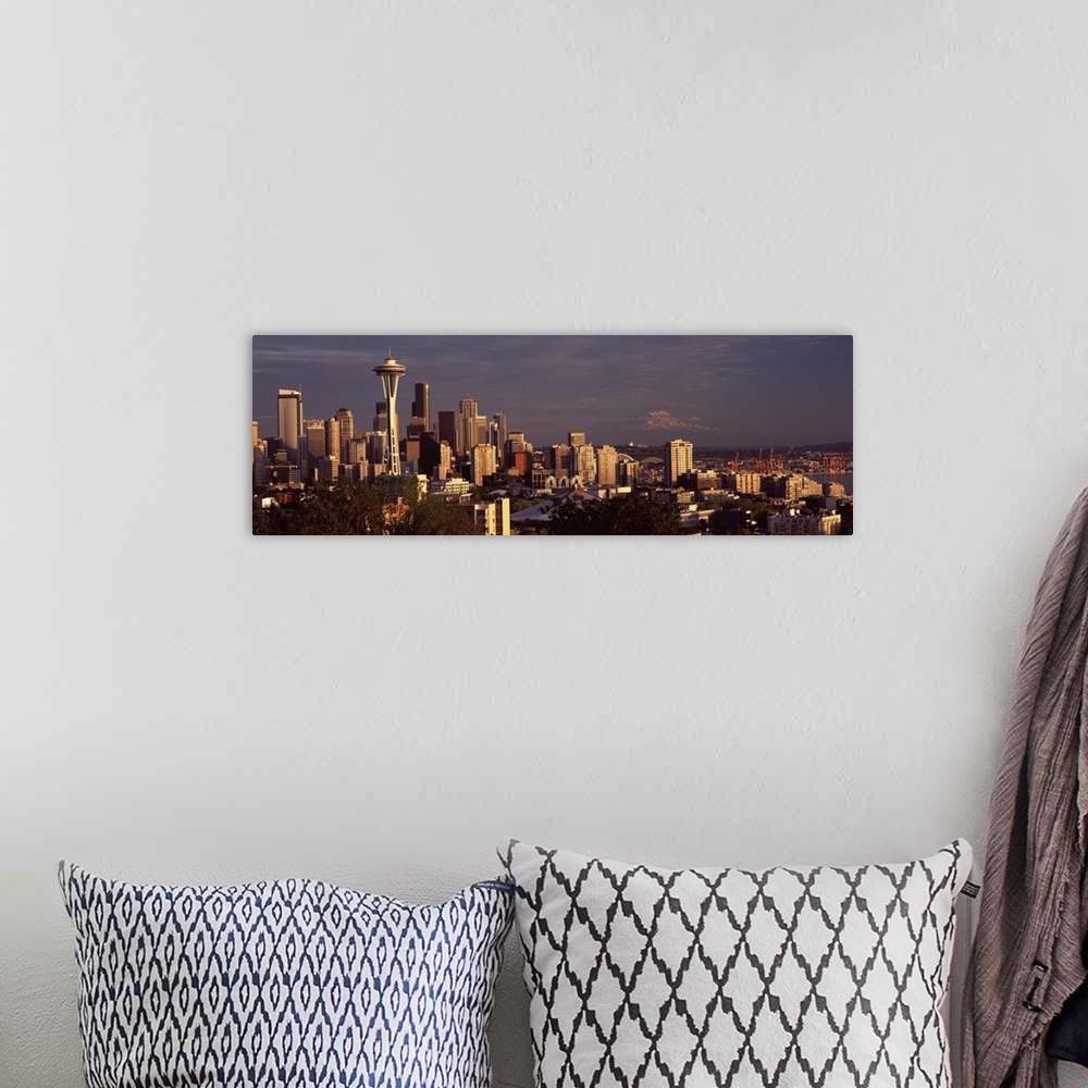 A bohemian room featuring Wide angle photograph taken from Queen Anne Hill of the Seattle skyline, including the Space Need...