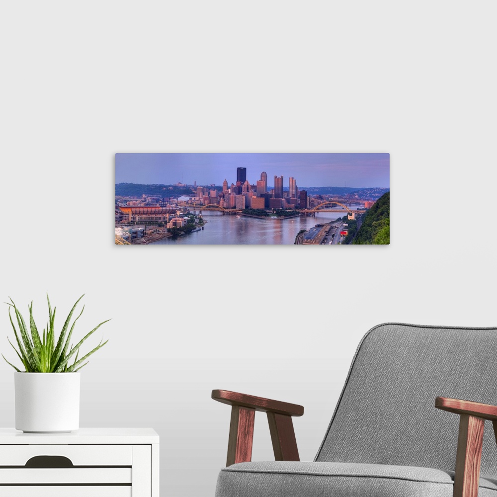 A modern room featuring Panoramic, aerial photograph of the West side of the Pittsburgh skyline in Allegheny County, at s...