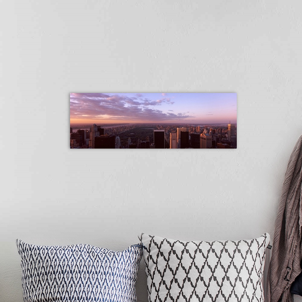 A bohemian room featuring Panoramic photograph of the New York City skyline showing Central Park just behind the buildings ...
