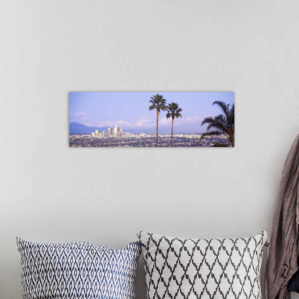 A bohemian room featuring Panoramic photograph of west coast city skyline with mountains in the distance and palm trees in ...