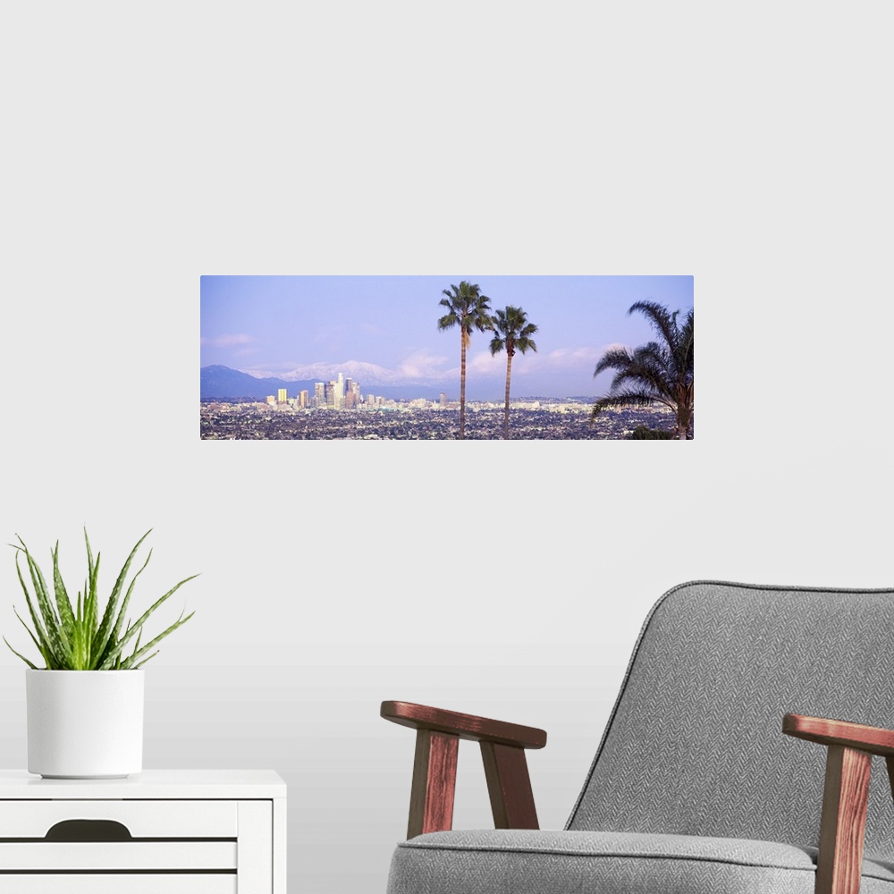 A modern room featuring Panoramic photograph of west coast city skyline with mountains in the distance and palm trees in ...