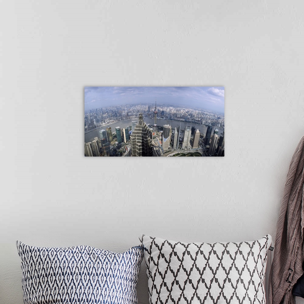 A bohemian room featuring Landscape, high angle photograph of many buildings in the district of  Pudong, Shanghai, the Huan...