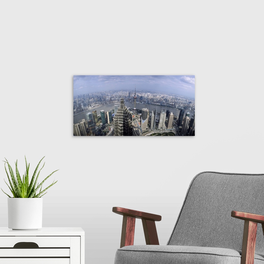 A modern room featuring Landscape, high angle photograph of many buildings in the district of  Pudong, Shanghai, the Huan...