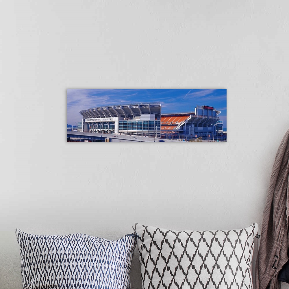 A bohemian room featuring Panoramic photograph on a sunny day displays FirstEnergy Stadium from the National Football Leagu...
