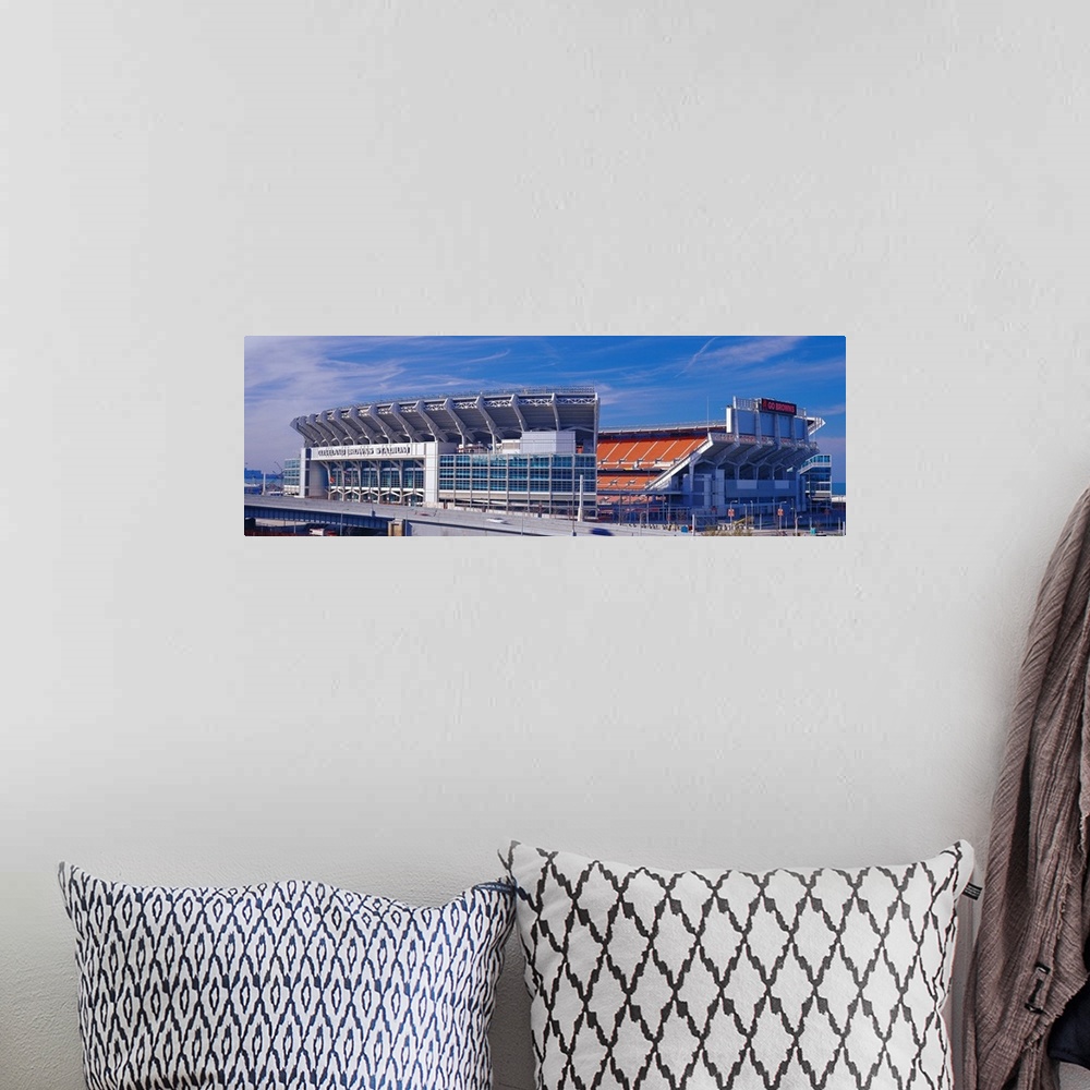 A bohemian room featuring Panoramic photograph on a sunny day displays FirstEnergy Stadium from the National Football Leagu...