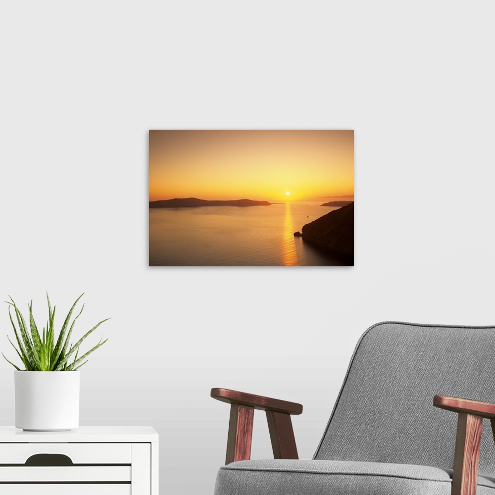 A modern room featuring Cliffs at sunset, Fira, Santorini, Cyclades Islands, Greece