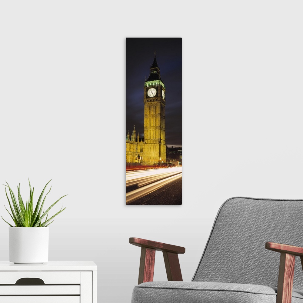 A modern room featuring Clock tower lit up at night, Big Ben, Houses of Parliament, Palace of Westminster, City Of Westmi...