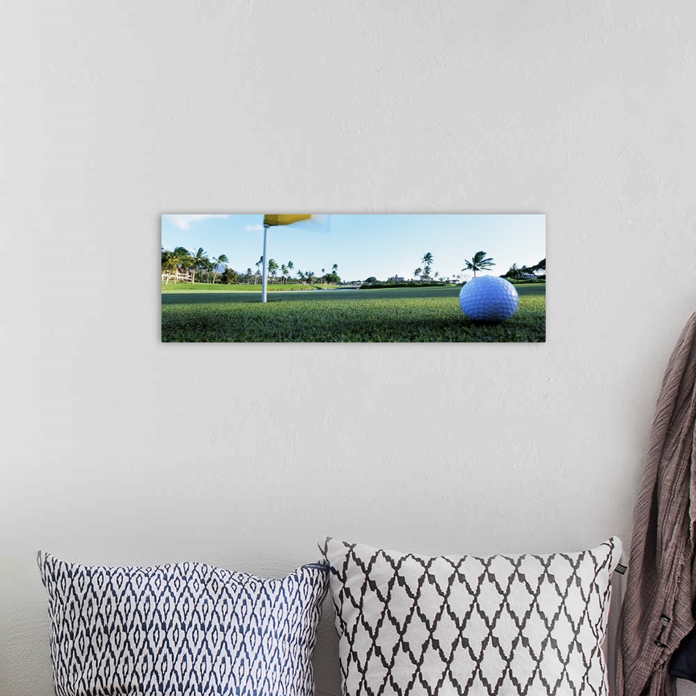 A bohemian room featuring Giant, close up photograph of a golf ball on the green, near the hole with a flag in it.  Palm tr...