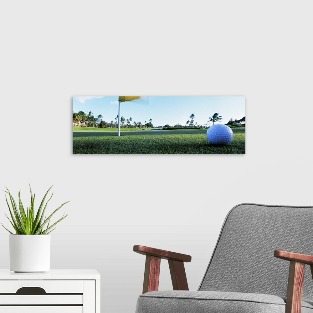 A modern room featuring Giant, close up photograph of a golf ball on the green, near the hole with a flag in it.  Palm tr...