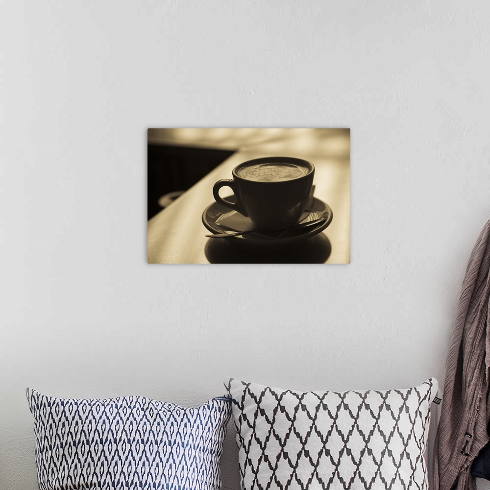A bohemian room featuring Close up of a cup of cappuccino, Lugano, Lake Lugano, Ticino, Switzerland