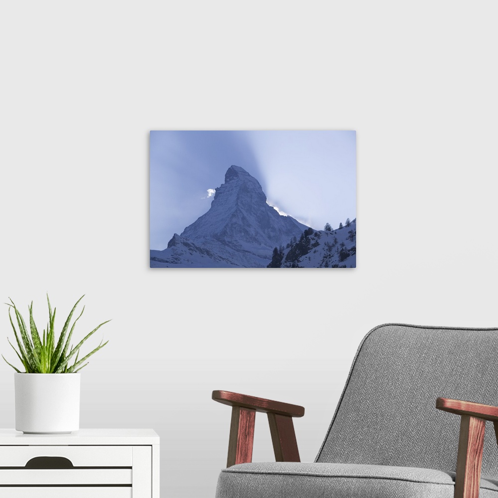 A modern room featuring Close-up of a mountain peak at sunset, Matterhorn, Zermatt, Switzerland
