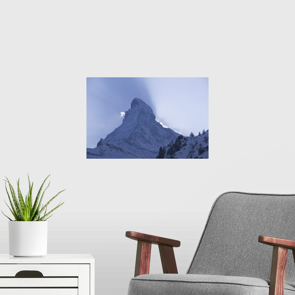 A modern room featuring Close-up of a mountain peak at sunset, Matterhorn, Zermatt, Switzerland