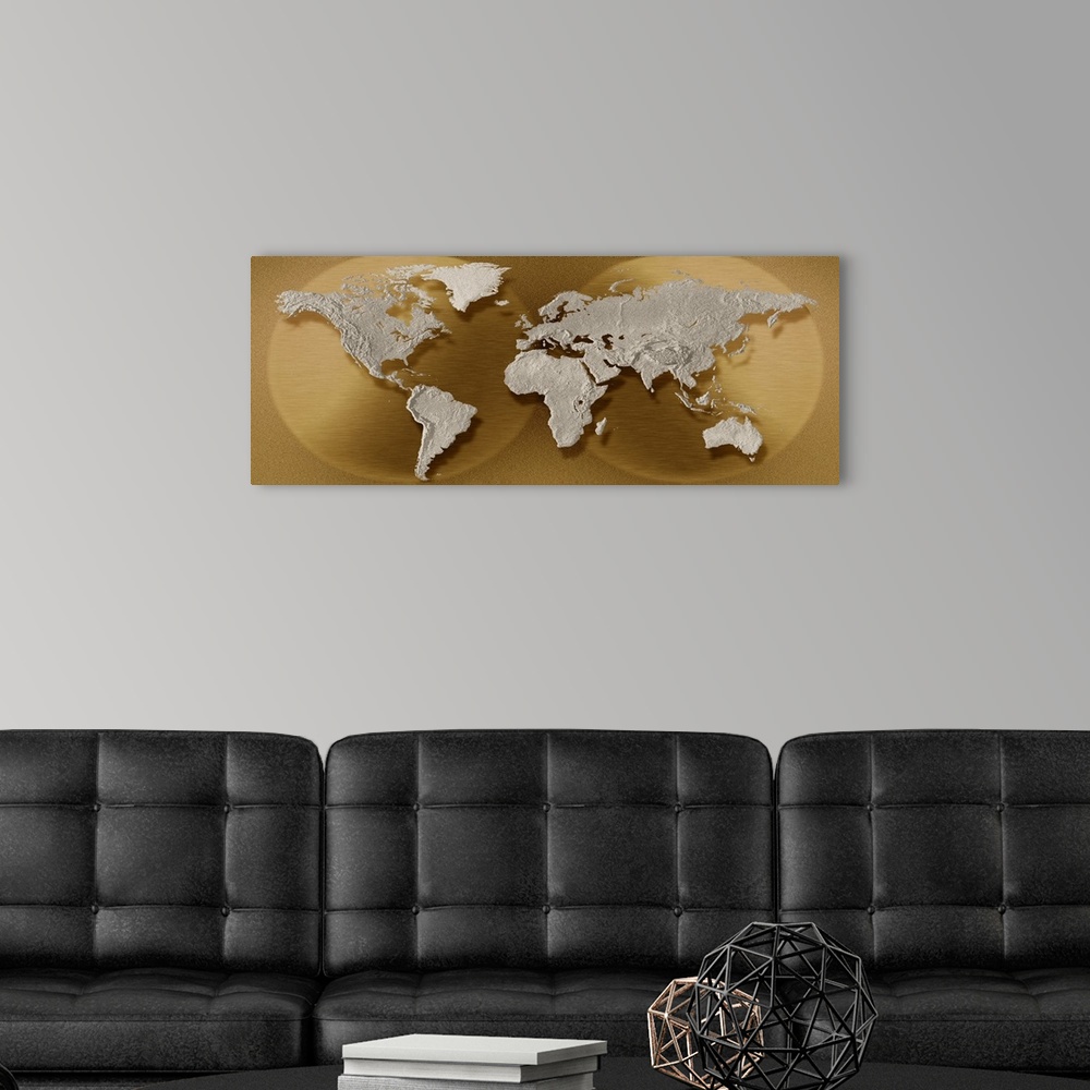 A modern room featuring Panoramic photograph of the map of the world with two circular globes representing each hemispher...
