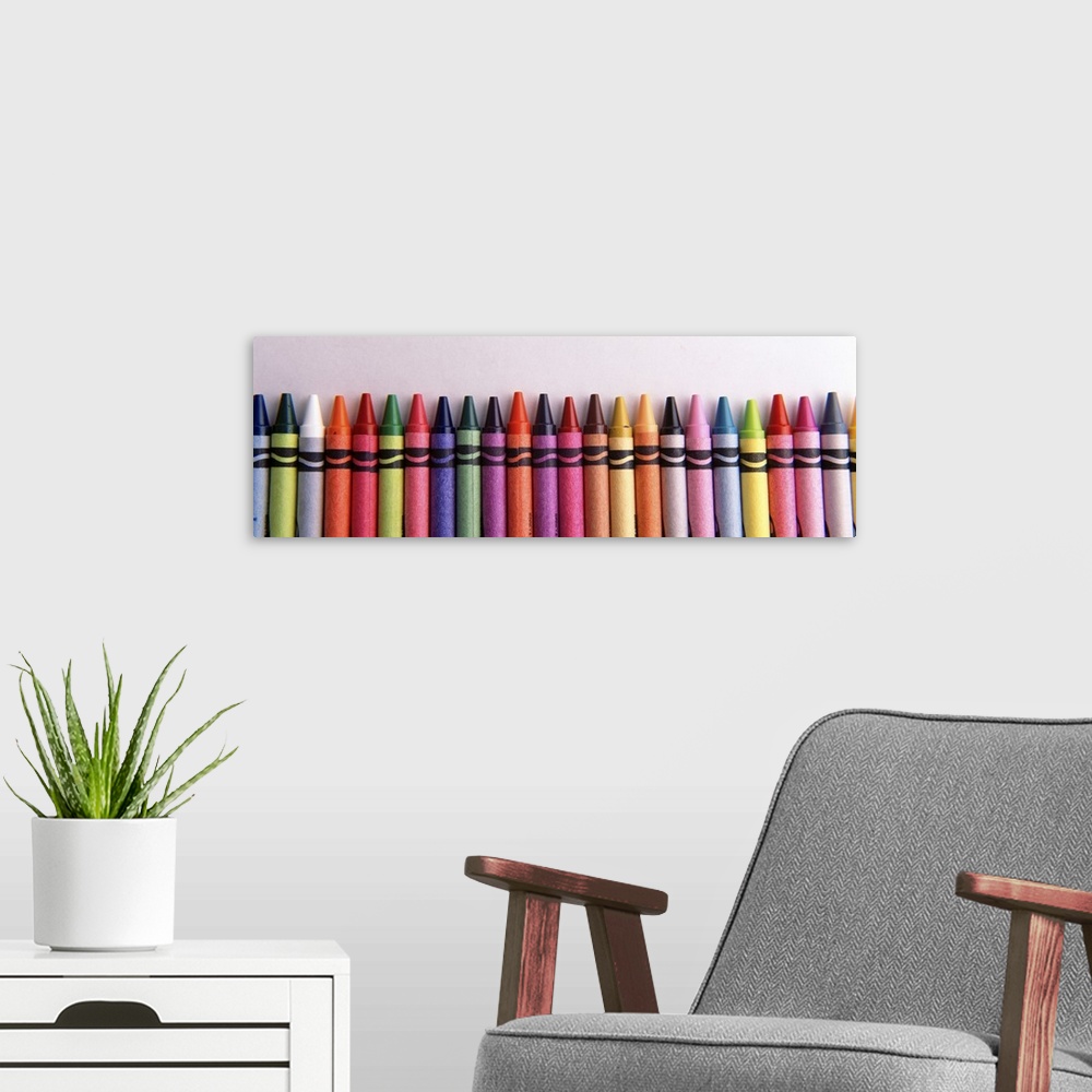 A modern room featuring Close-up of assorted wax crayons