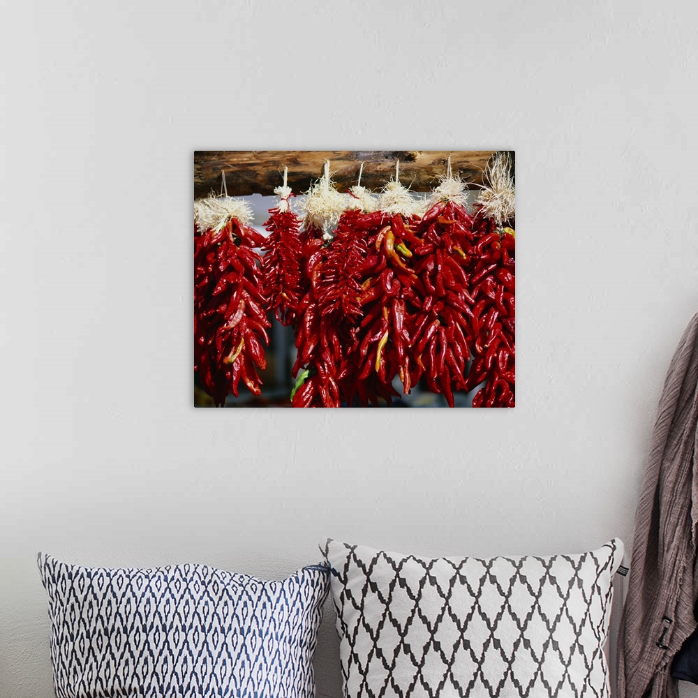 A bohemian room featuring Close-up of bunches of chilli peppers hanging on a stall, Taos, New Mexico