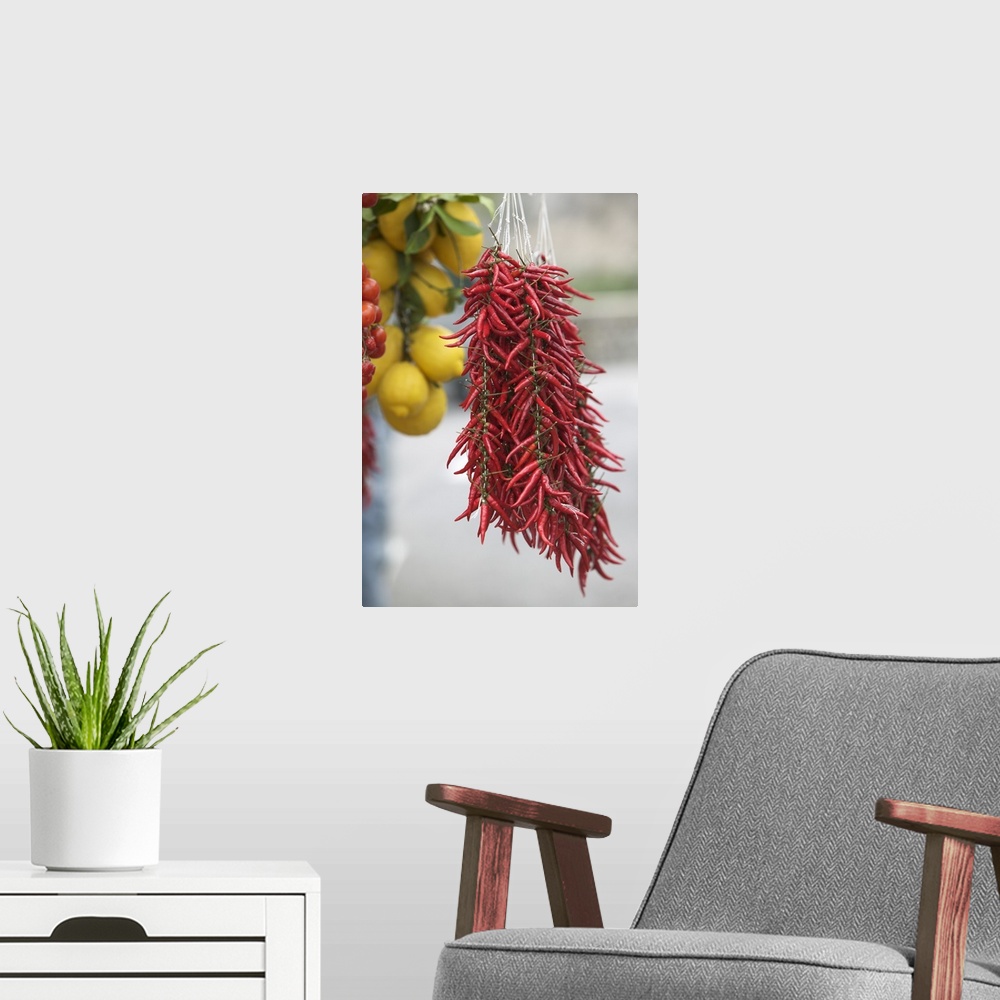 A modern room featuring Close-up of lemons and red chili peppers, Positano, Amalfi Coast, Campania, Italy