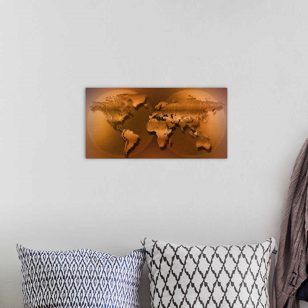 A bohemian room featuring This panoramic piece shows a 3D map of the world in sepia tone.