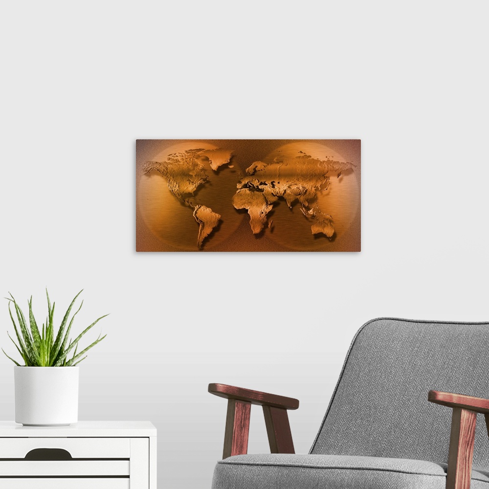 A modern room featuring This panoramic piece shows a 3D map of the world in sepia tone.