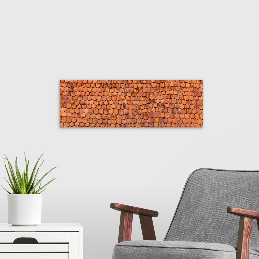 A modern room featuring Panoramic wall art of roof tiles up close.