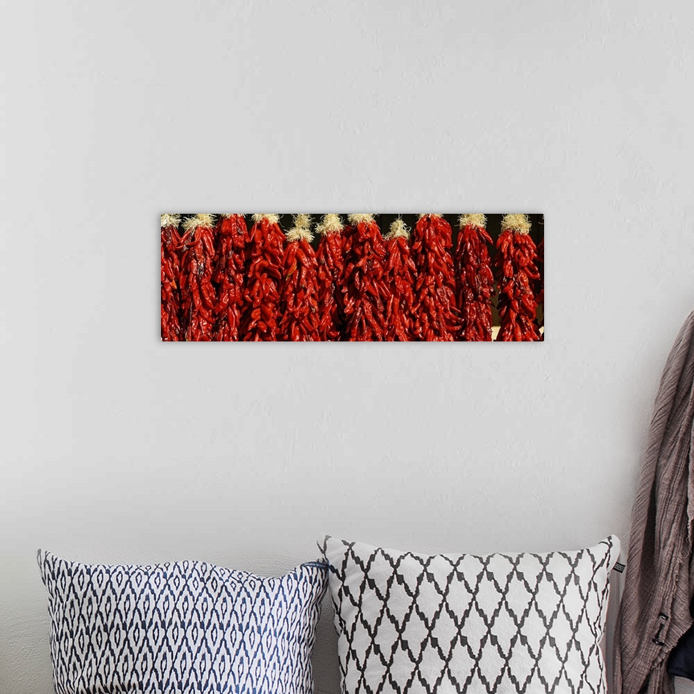 A bohemian room featuring Several bunches of red peppers hung out to dry in Taos County, New Mexico.