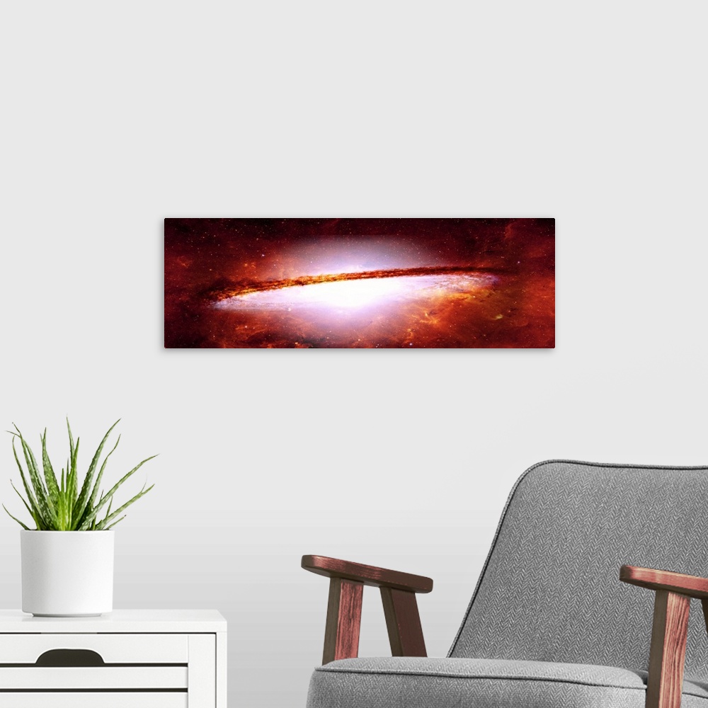 A modern room featuring Close-up of red milky way universe