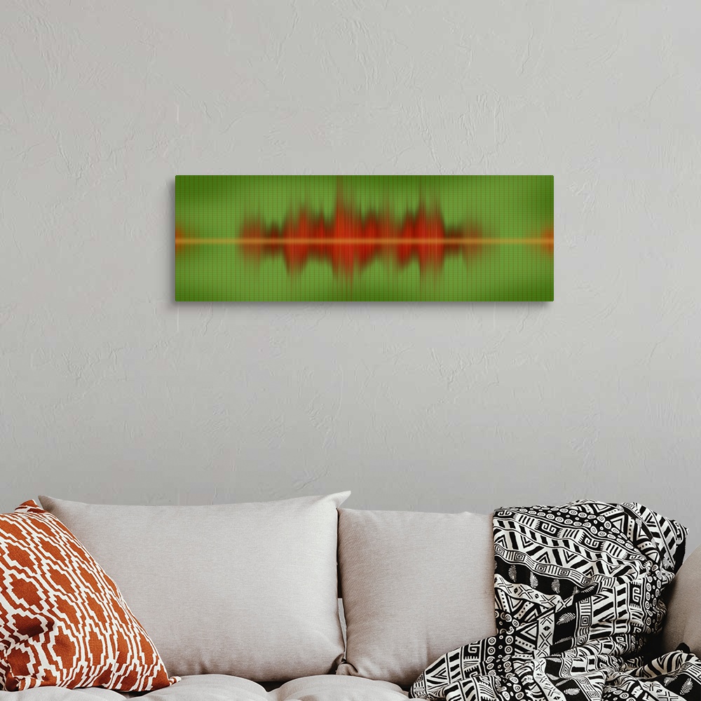 A bohemian room featuring Modern panoramic close up of bouncing, vibrantly colored sound waves on a simple, gridded cool-to...