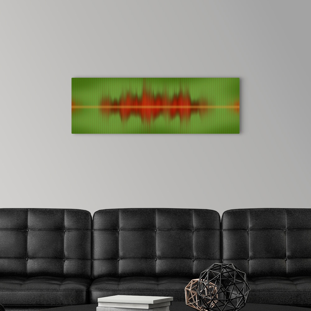A modern room featuring Modern panoramic close up of bouncing, vibrantly colored sound waves on a simple, gridded cool-to...