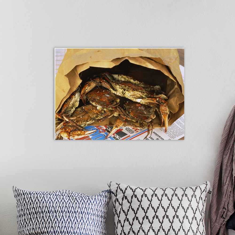 A bohemian room featuring Close-up of steamed crabs in a paper bag, Maryland