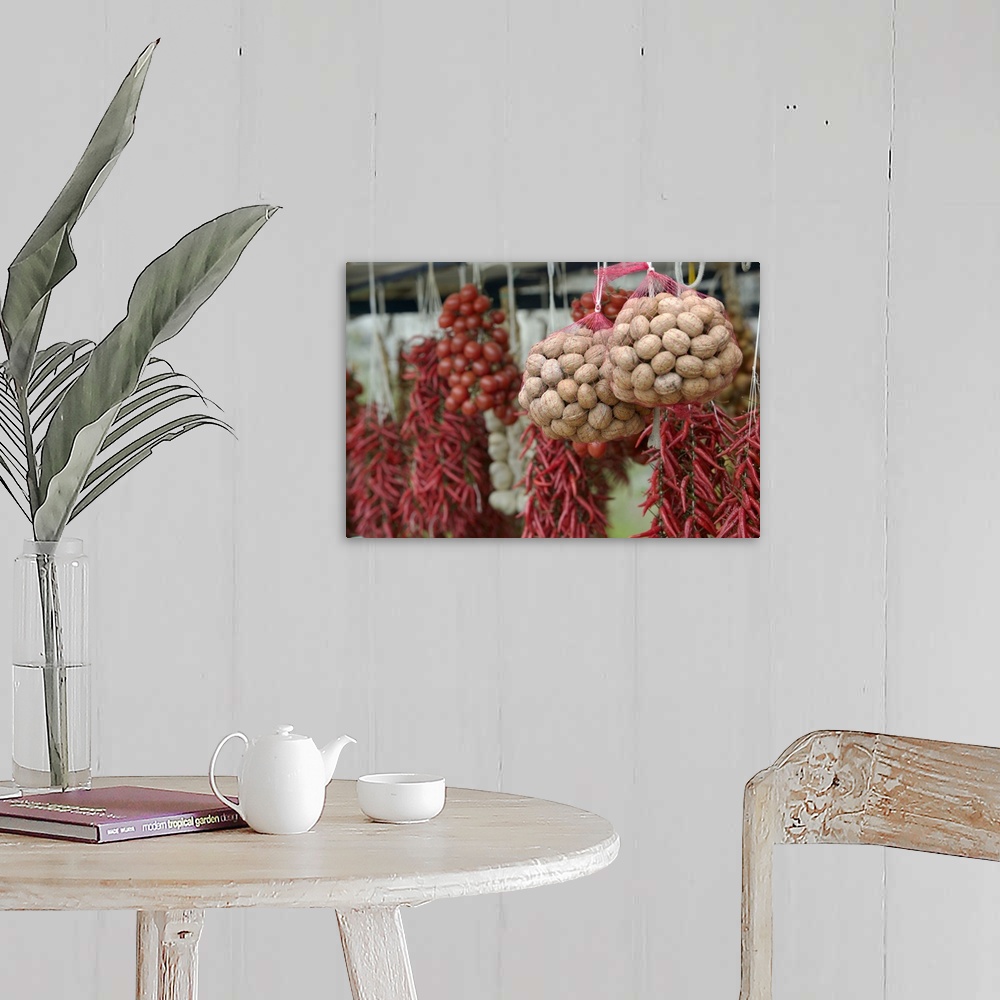 A farmhouse room featuring Close-up of walnuts and red chili peppers hanging in a store, Positano, Amalfi Coast, Campania, I...