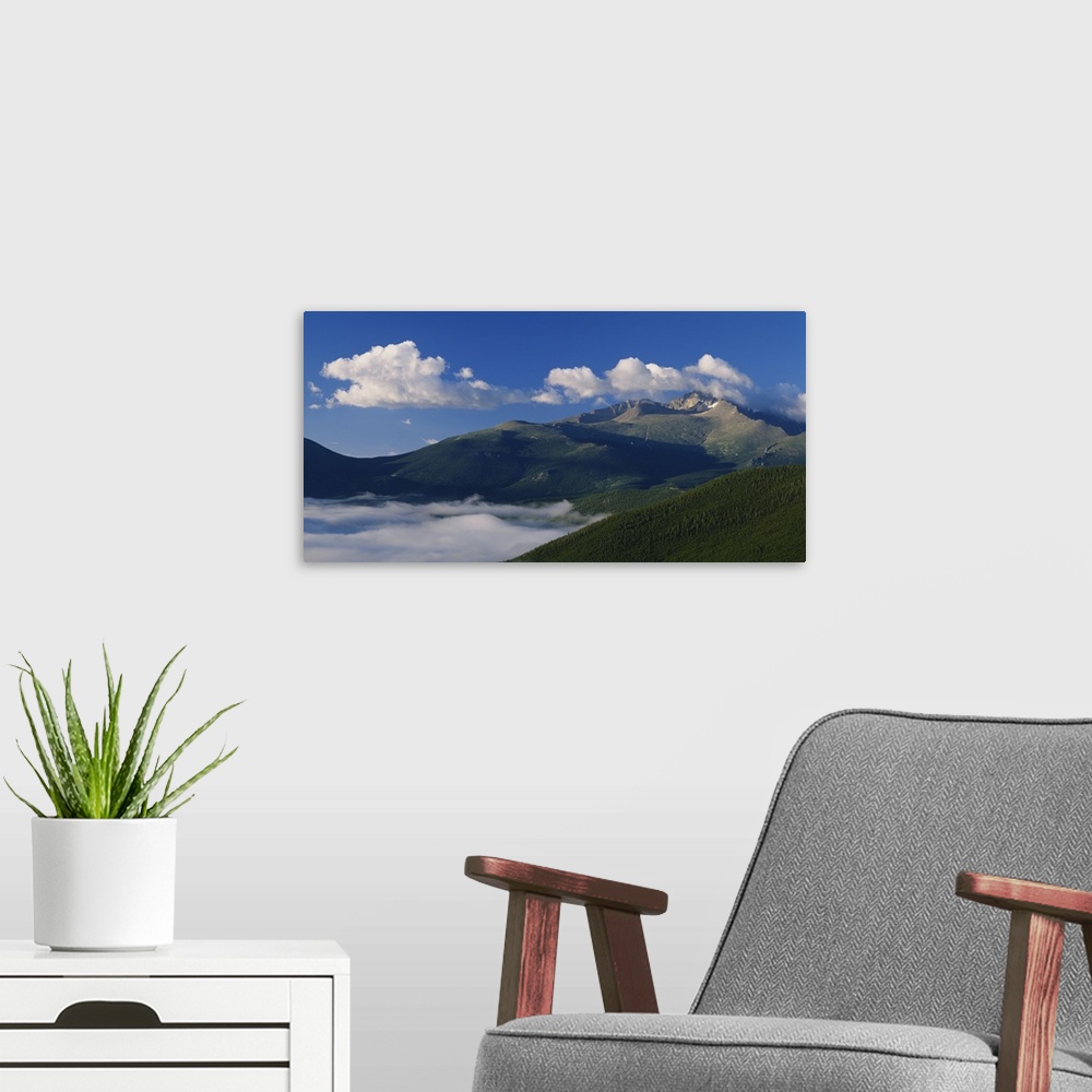 A modern room featuring Cloud over a mountain, Many Parks Curve, Longs Peak, Rocky Mountain National Park, Colorado