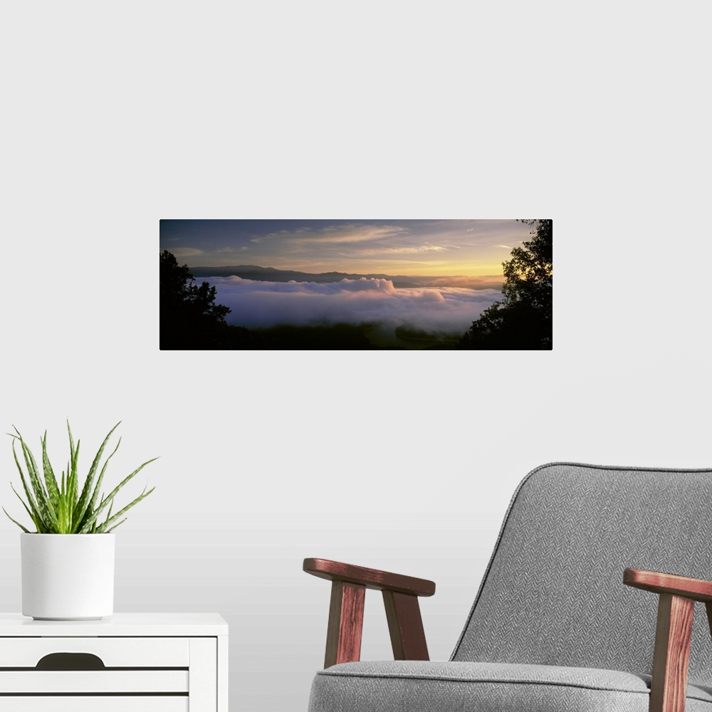 A modern room featuring Clouds over a lake at sunrise, Fontana Lake, North Carolina
