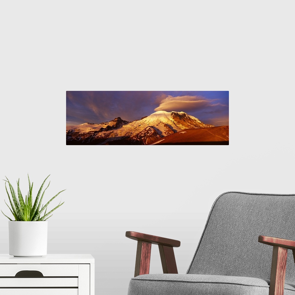 A modern room featuring Clouds over a mountain at dawn, Mt Rainier, Mt Rainier National Park, Washington State