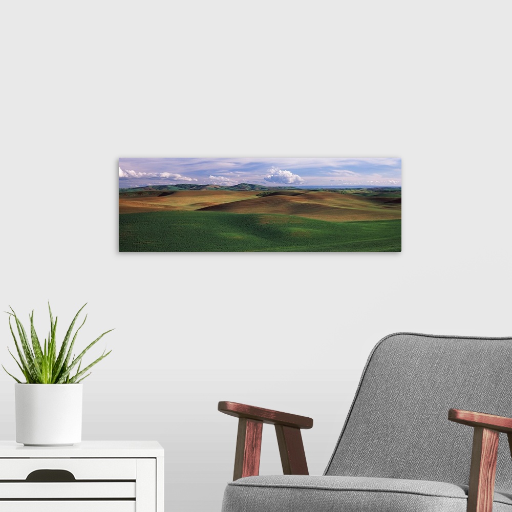A modern room featuring Clouds over a rolling landscape, Palouse, Whitman County, Washington State,